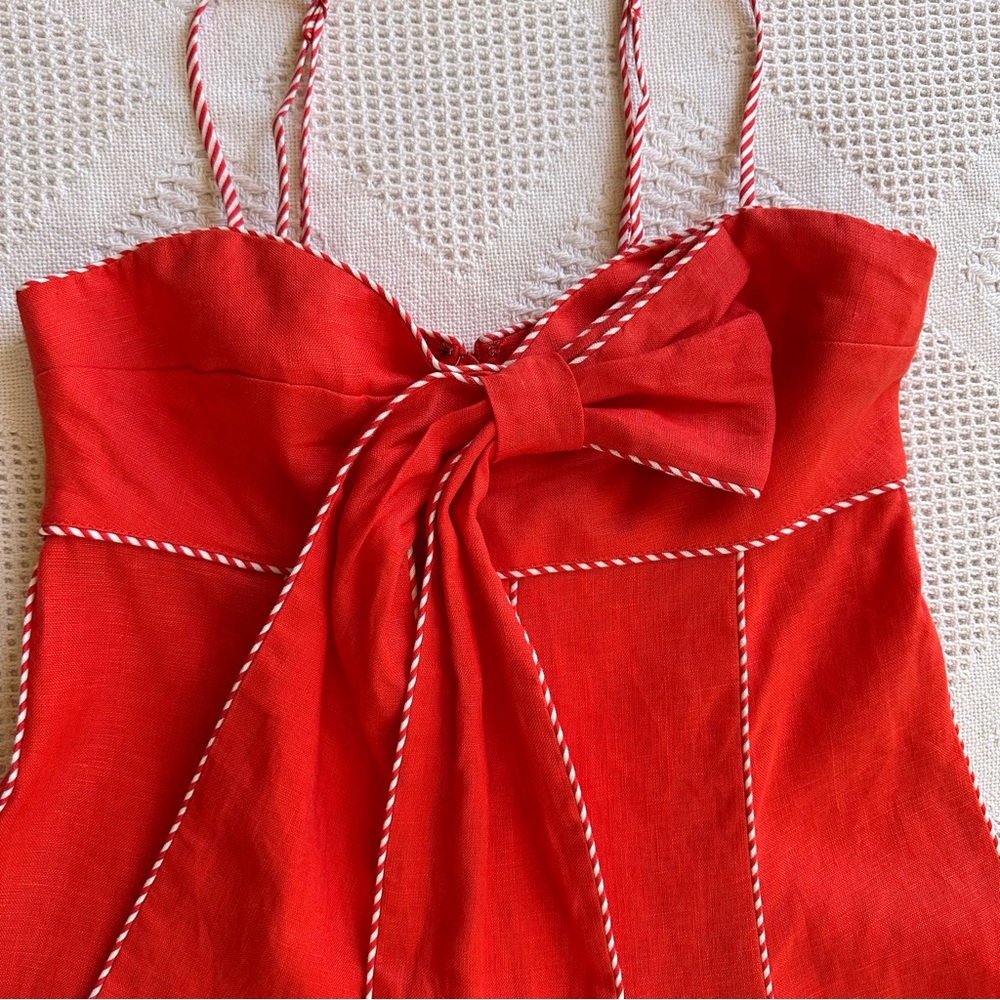 Farm Rio Red Front Bow Scalloped Hem Linen Midi Dress-M-Sweetheart A-Line Resort - Picture 4 of 13